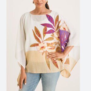 Chico's NWT sz S-M Foliage-Print Poncho Floral Purple Gold Ivory Blouse Top